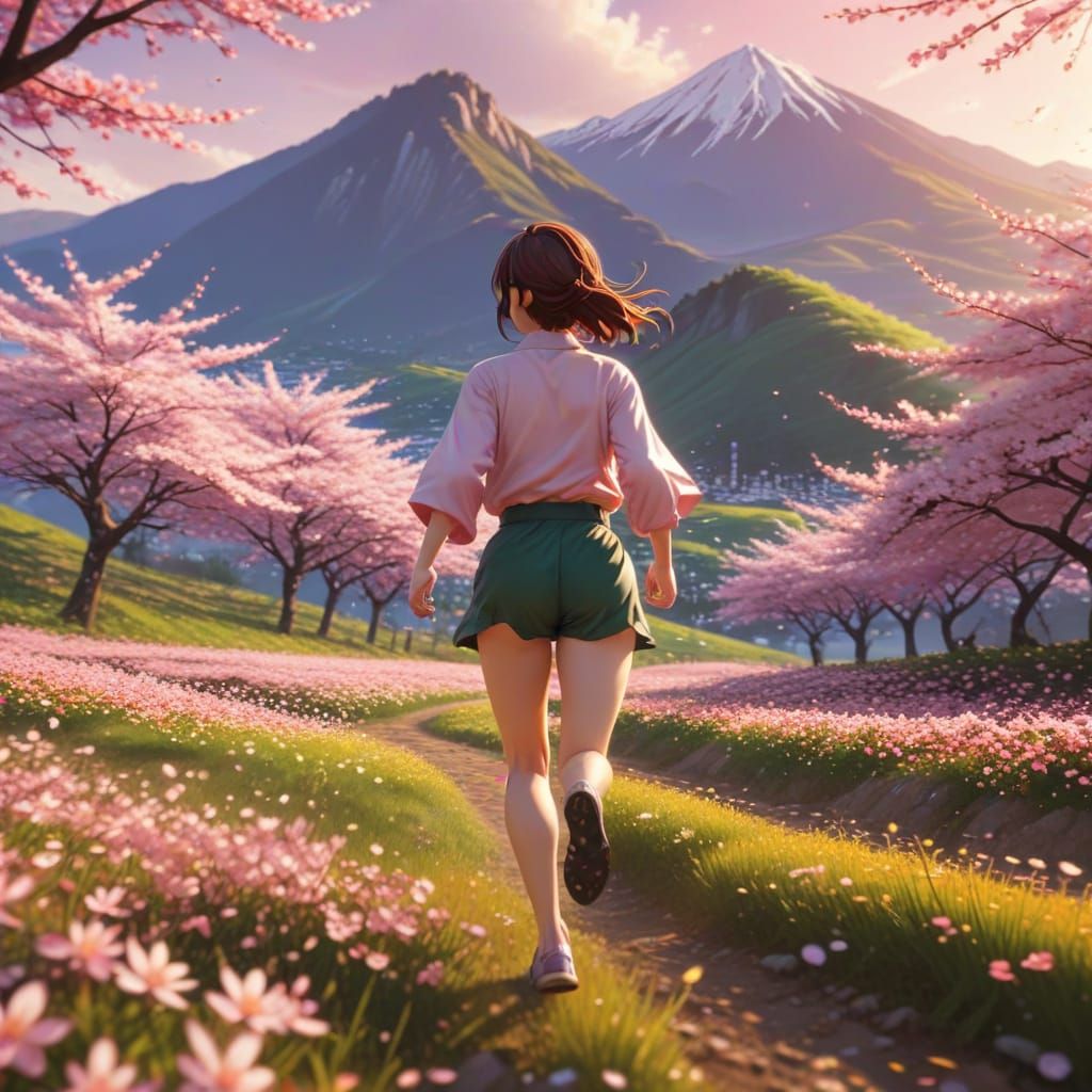 Woman Sprinting Through Sakura Field in Anime Style