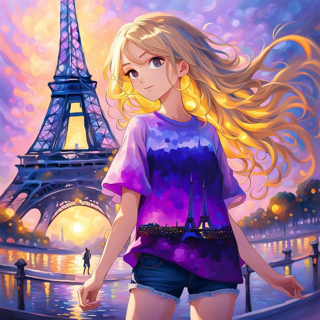Anime Girl in Paris: Vibrant Oil Painting