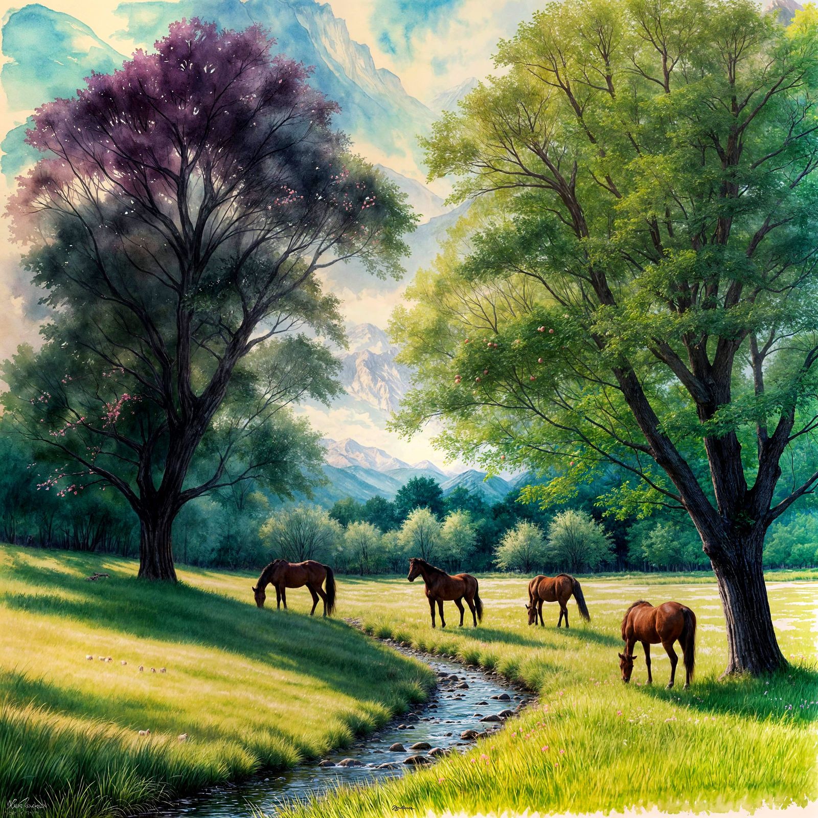 Pastel Watercolor Painting of Horses by a Stream