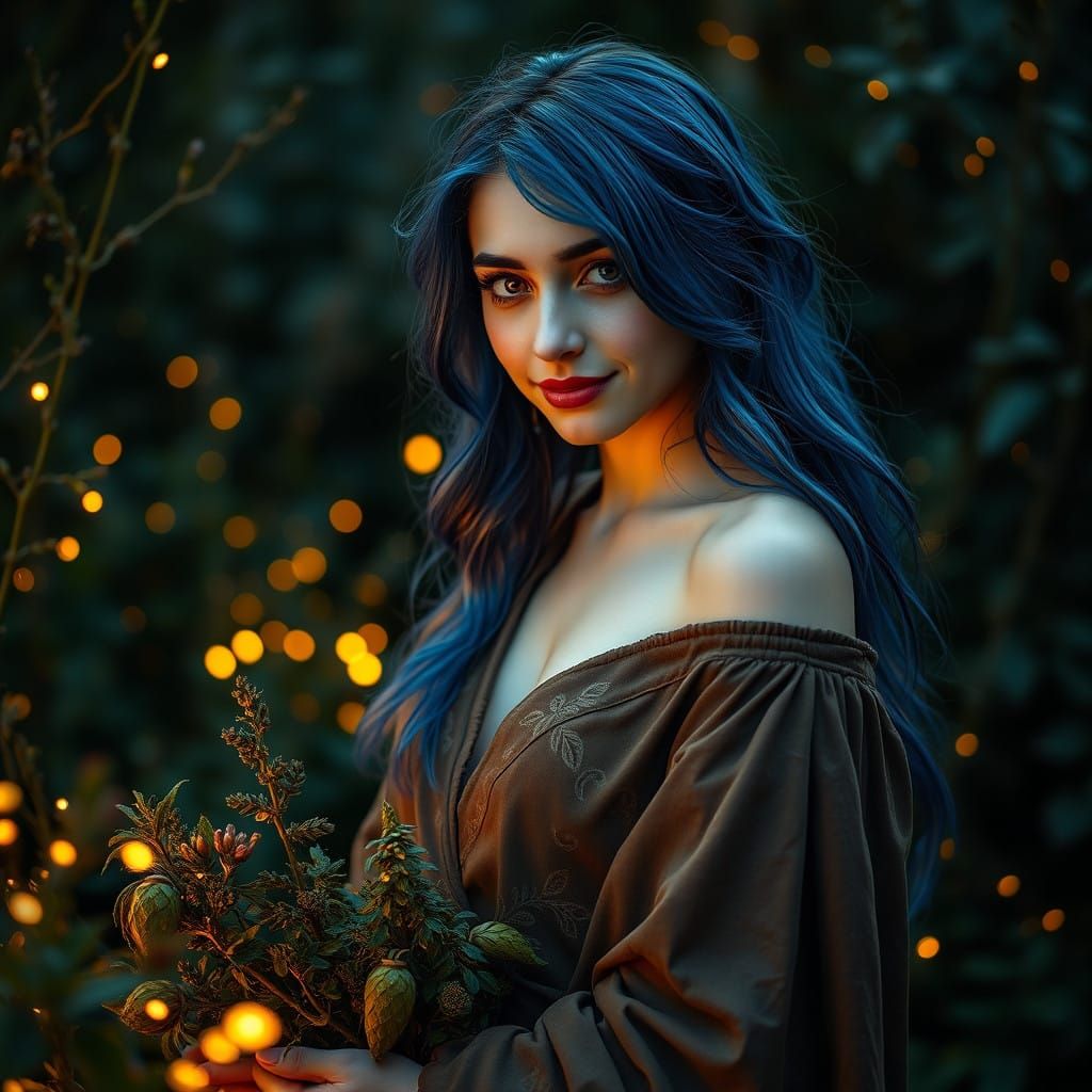 Ethereal Witch Harvests Medicinal Herbs in Moonlit Garden