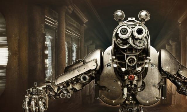 Realistic Cyborg Clockwork Monster Looking Down