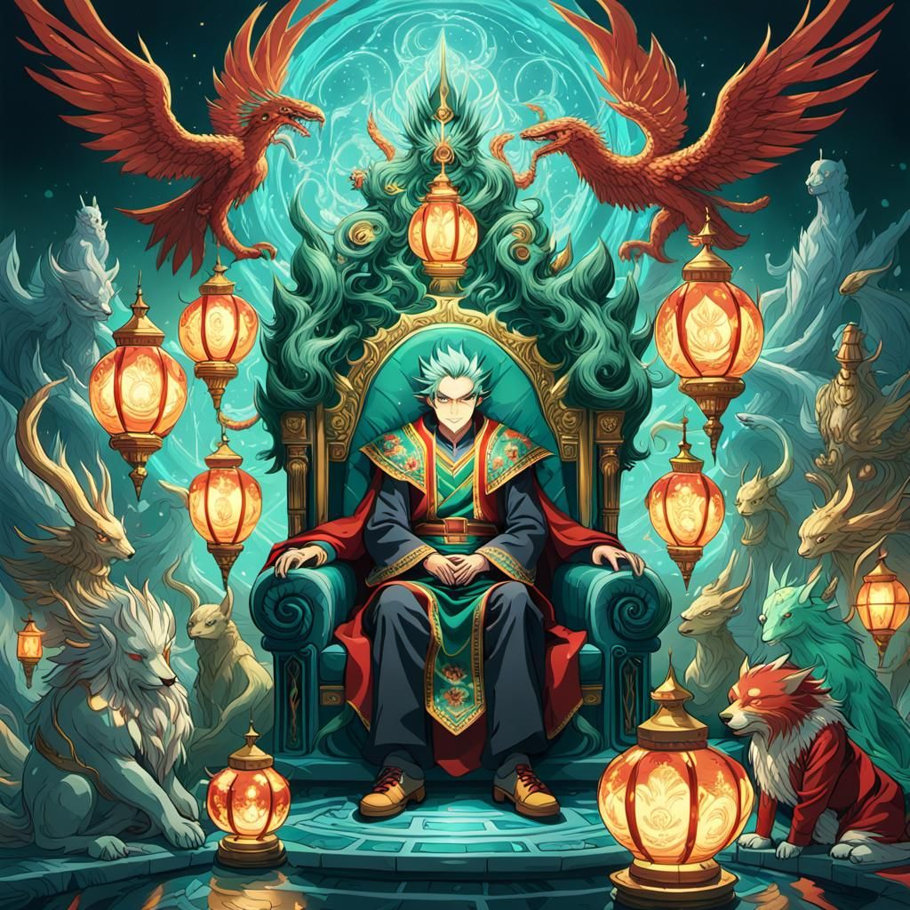 Vibrant Throne Scene in Maximalist Digital Art Style