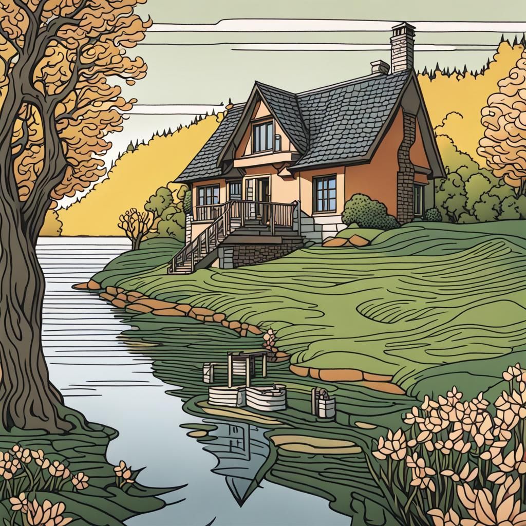 Cozy Lakeside Cottage in Escher-Inspired Line Art