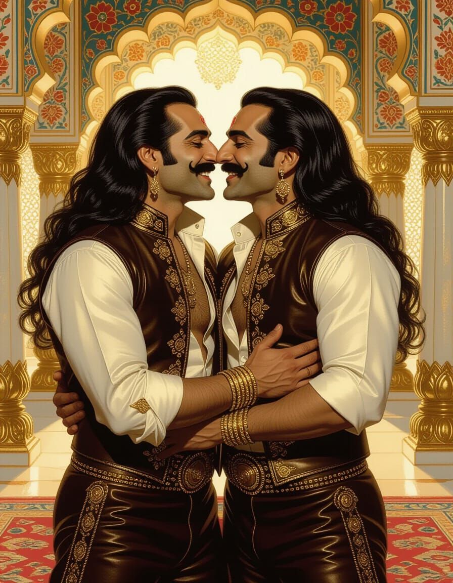 Romantic Embrace of Two Indian Men in Mughal Interior