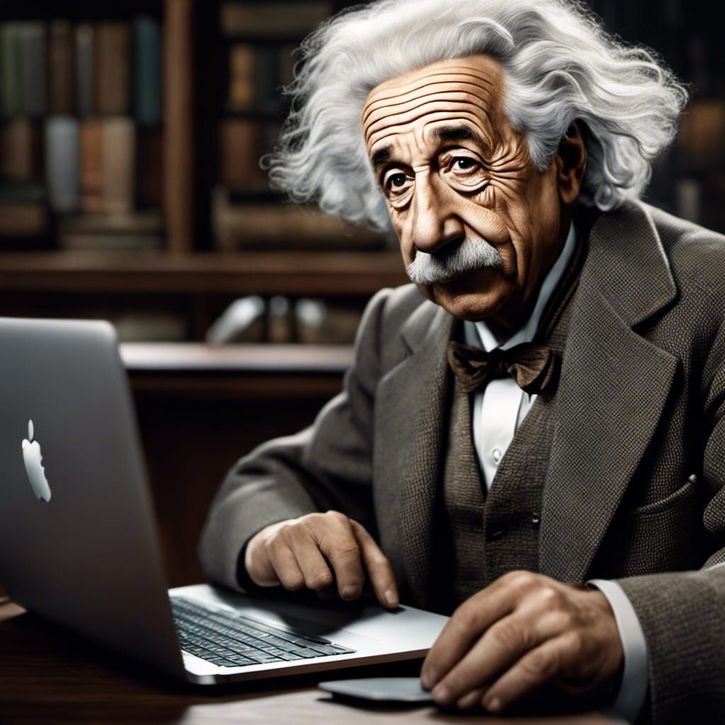 Albert Einstein using a Macbook