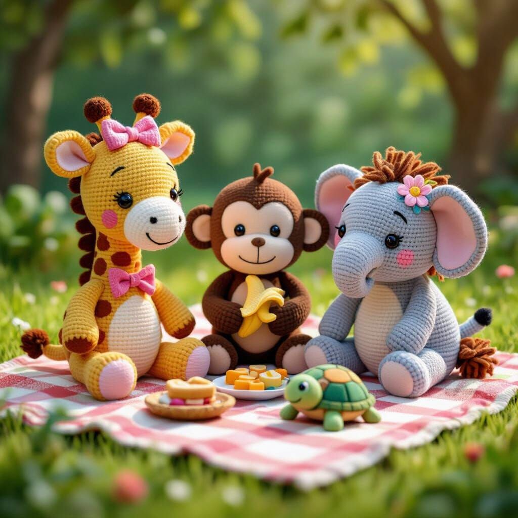 Amigurumi Plush Toy Animals on Picnic Blanket