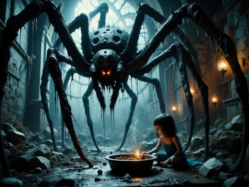 Giant Spider Looms Over Girl With Pie