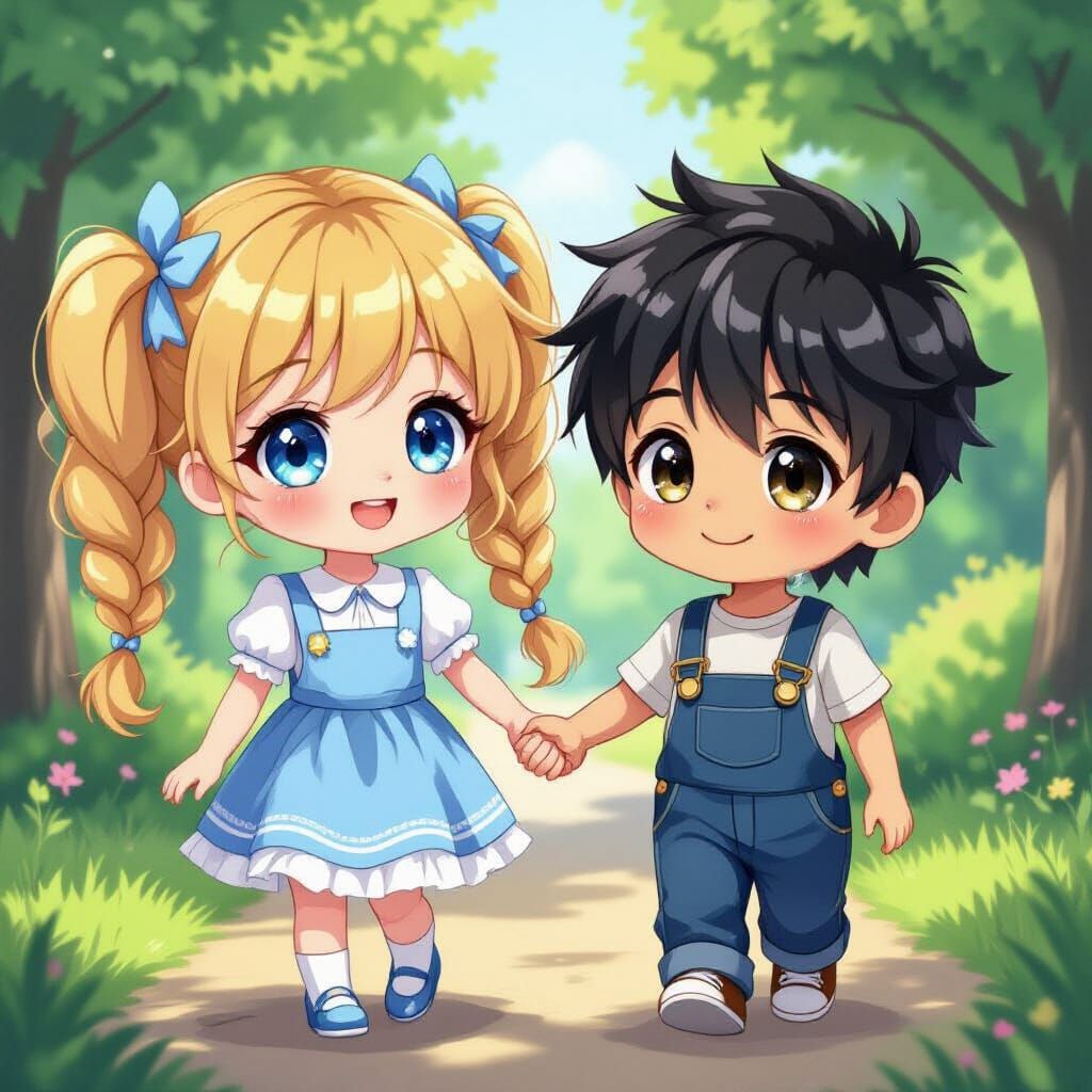 Cute Chibi Girl and Boy Holding Hands