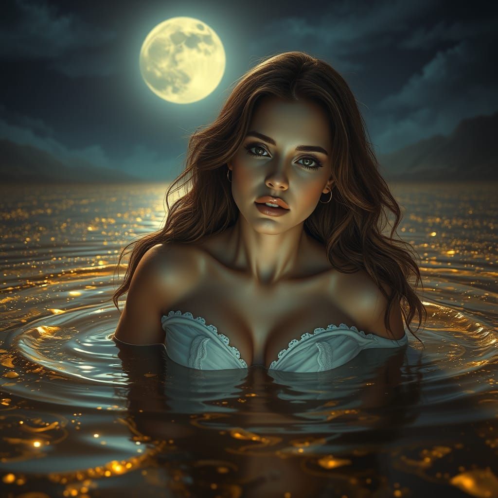 Woman Emerging From Liquid Gold Lake Under Moonlight