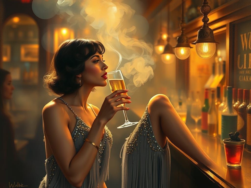 Flapper Sipping Champagne in Smokey Speakeasy, Monet Inspire...