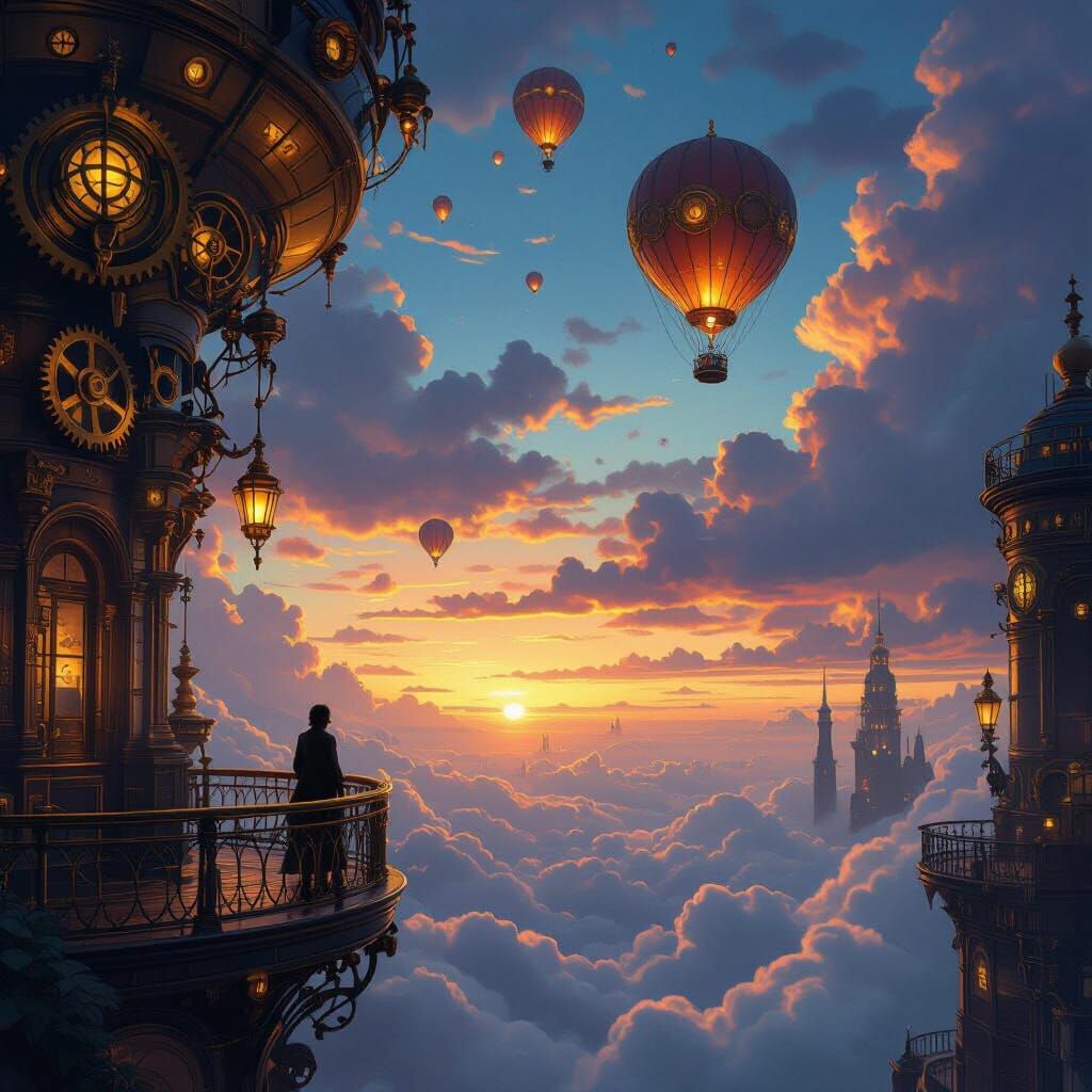 Steampunk Cityscape at Twilight with Hot Air Balloons