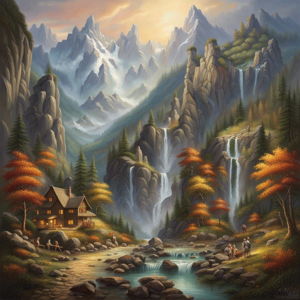 Mountainous Landscape Painting with Waterfalls and Serene Va...