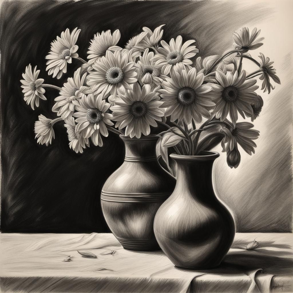 Hyperdetailed Charcoal Drawing of Flower Vase Still Life