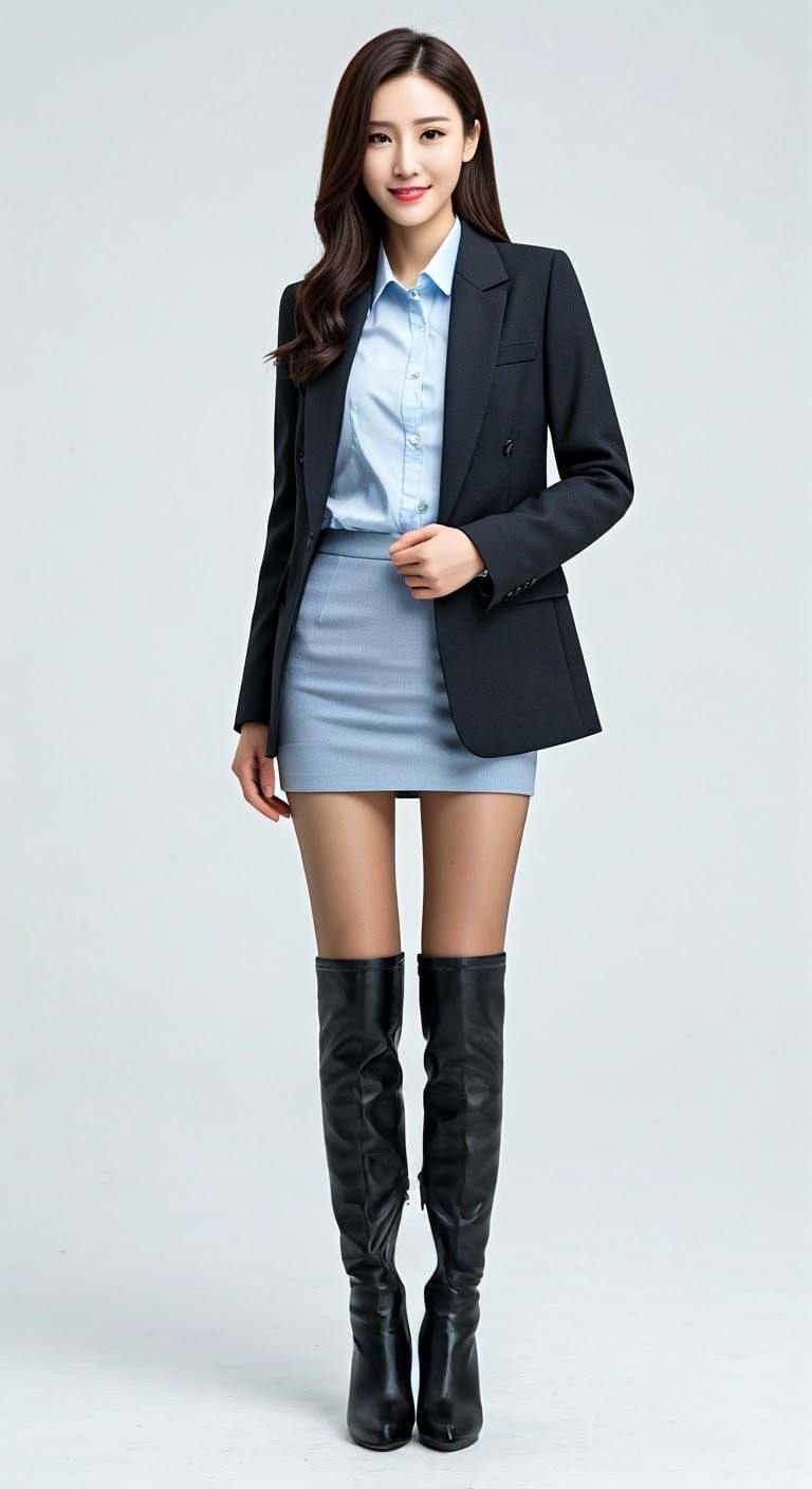 Chinese woman in short business suit and over-the-knee boots