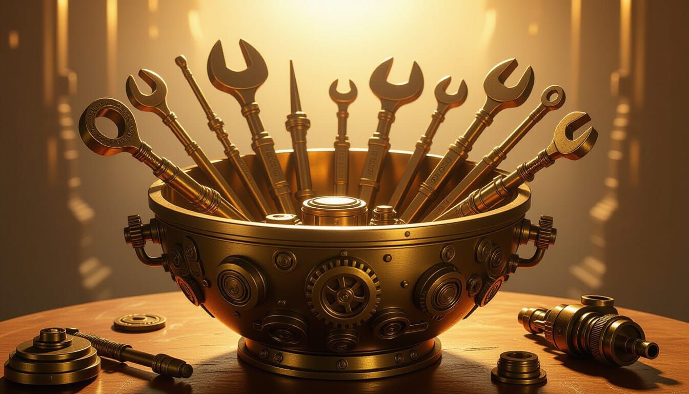 Steampunk Tools in Golden Light, Syd Mead Style