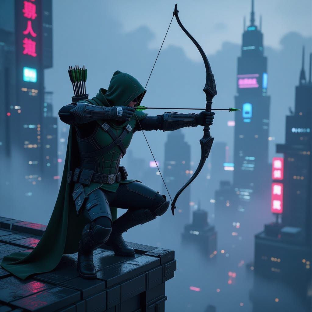 Cyberpunk Robin Hood in Neon Metropolis, 3D Render