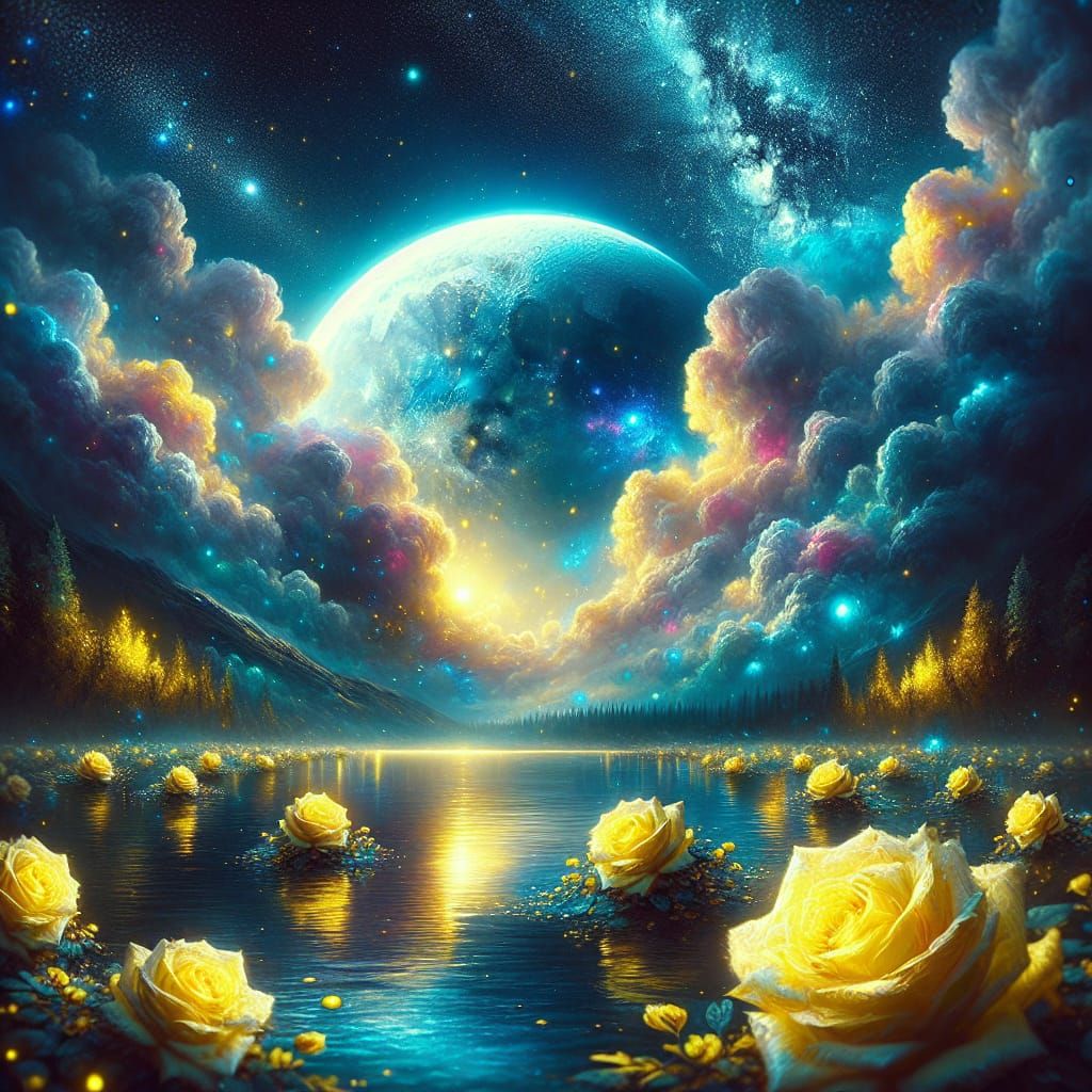 Enchanted Galaxy Lake with Yellow Roses