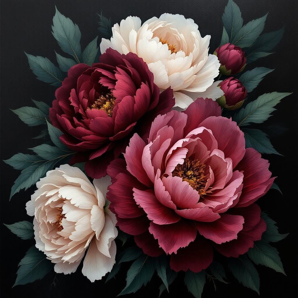 Burgundy Peonies in Dark Botanical Oil Painting