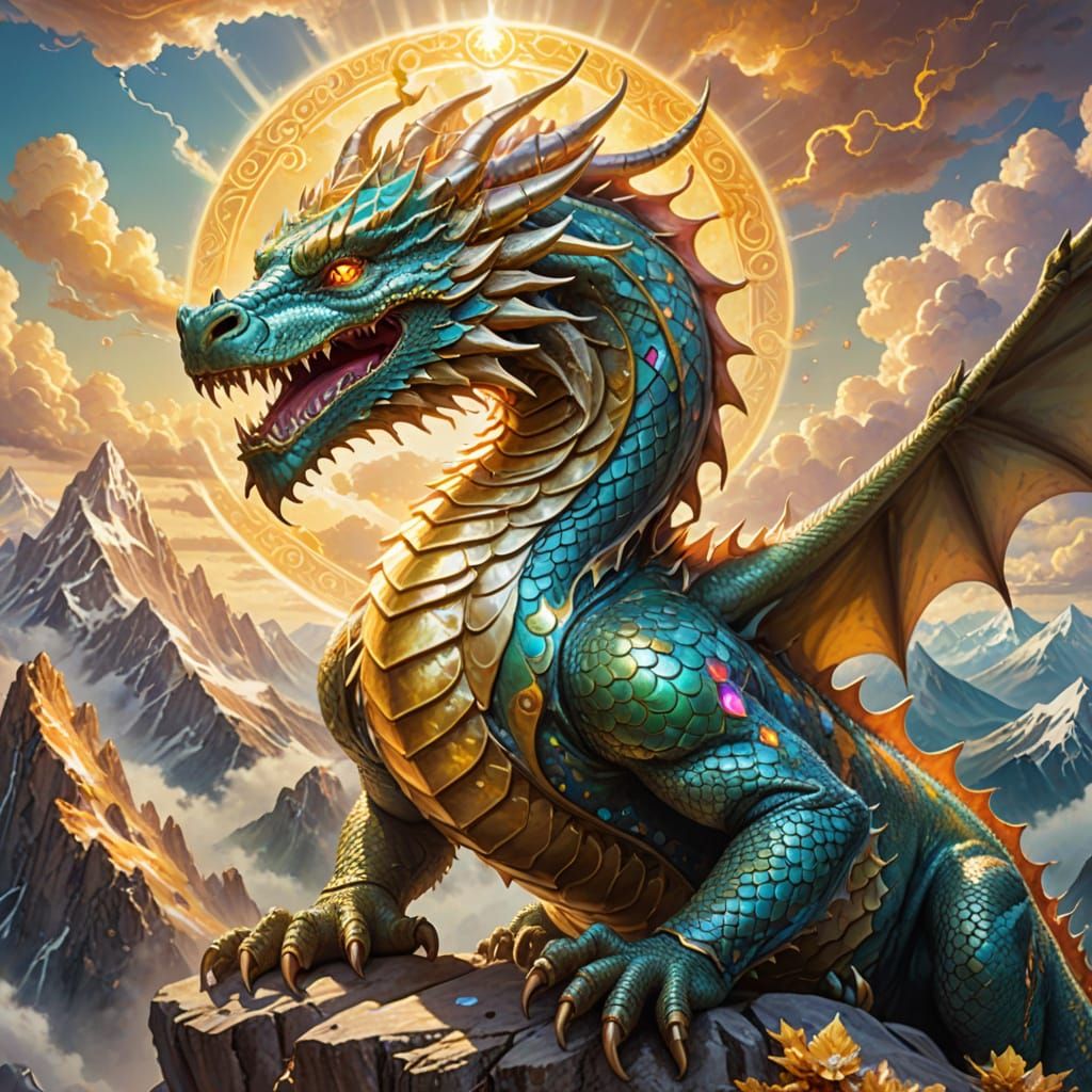 Ancient Gemstone Dragon on Mountain of Treasure