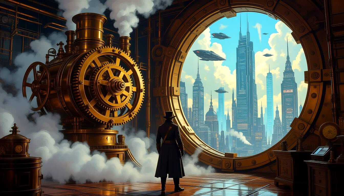Steampunk Inventor Reveals Cyberpunk Future as Oil Painting