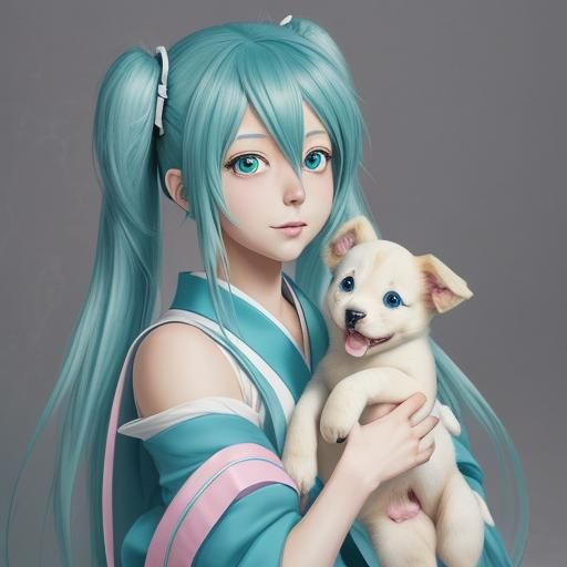Miku with Puppy in Anime Key Visual Style