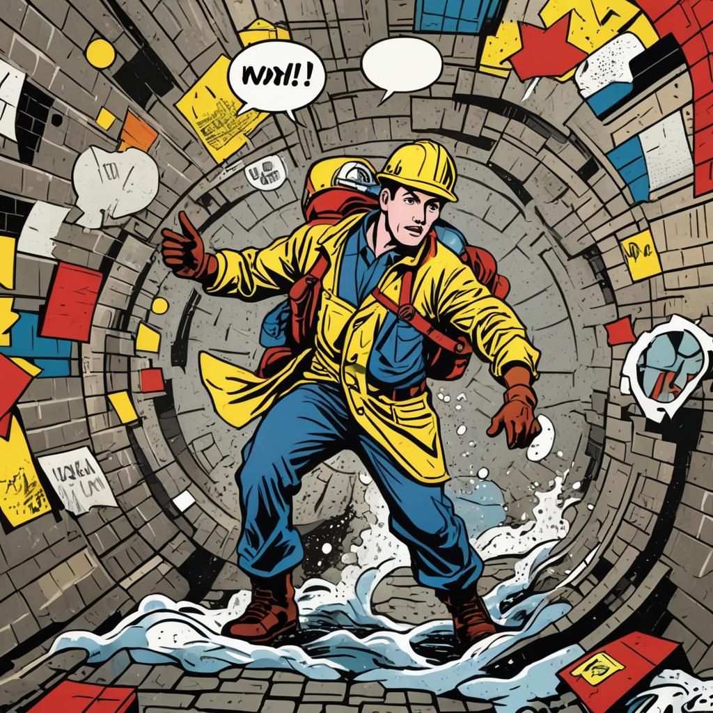 Gritty Pop Art Sewer Worker in Dynamic Action