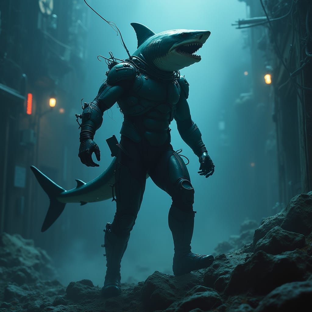 Cyberpunk Sharkman Hero in Dark Underwater Metropolis