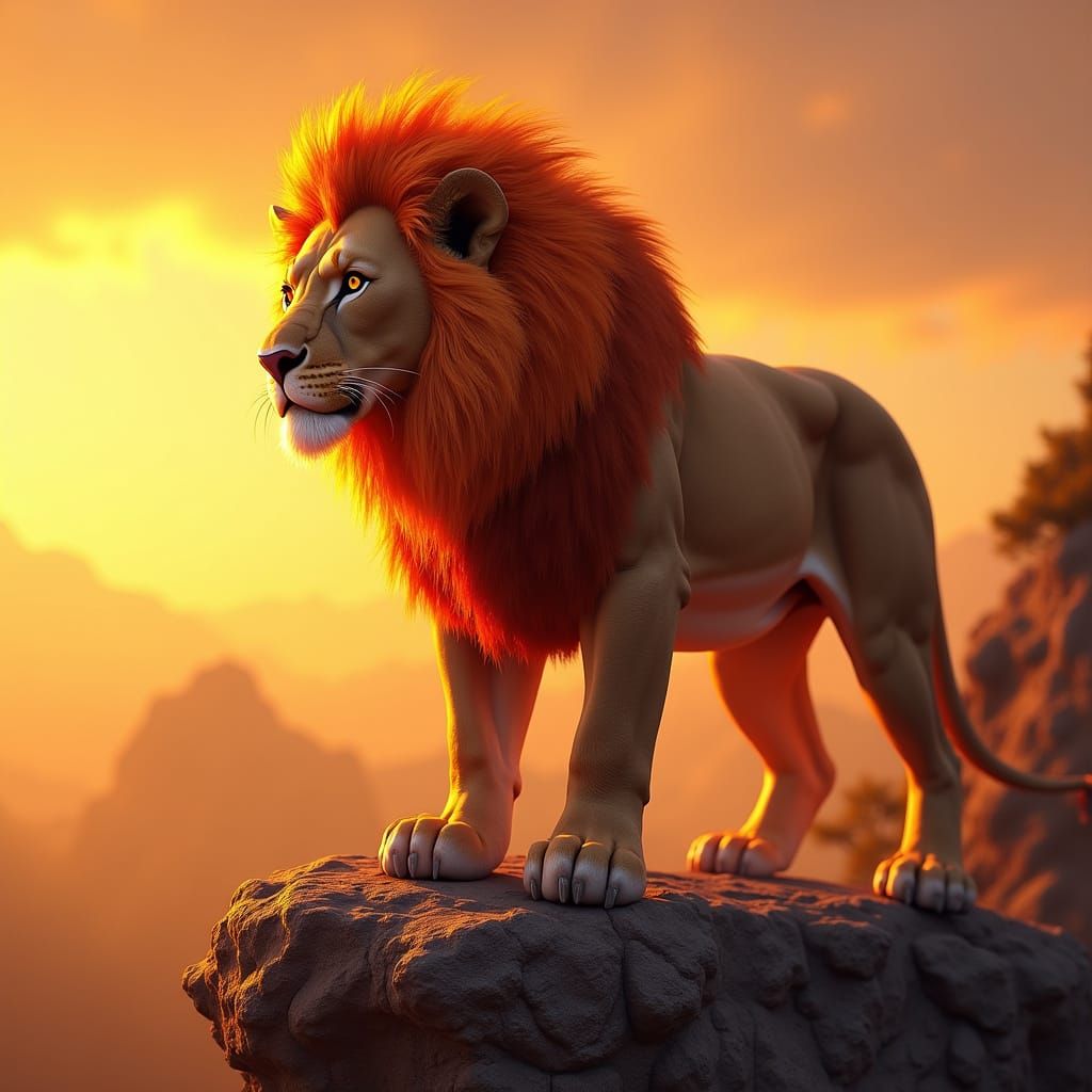 Fiery Lion on Cliff at Sunset in Digital Painting Style