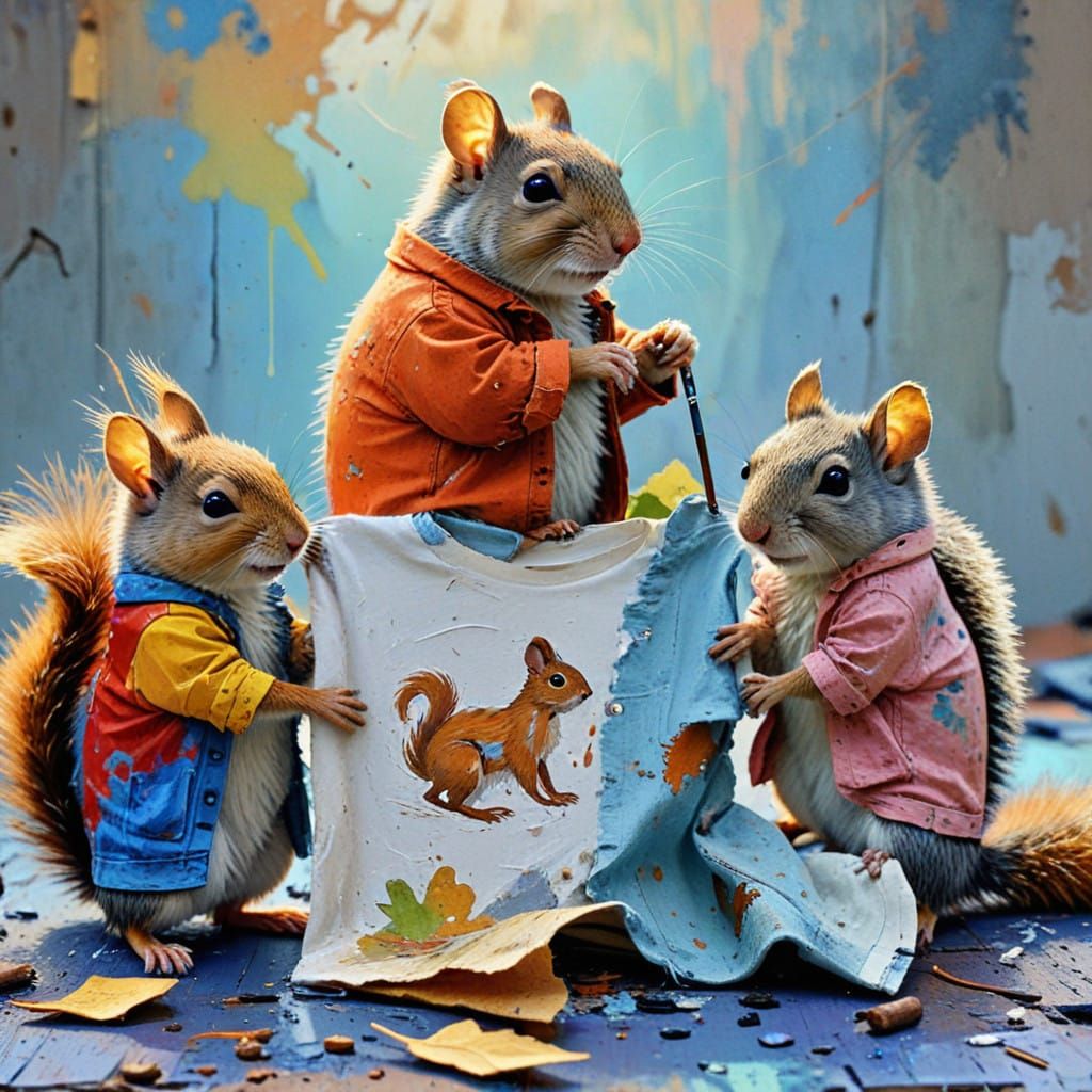 Vibrant Mouse and Squirrel Scene in Thick Impasto Style