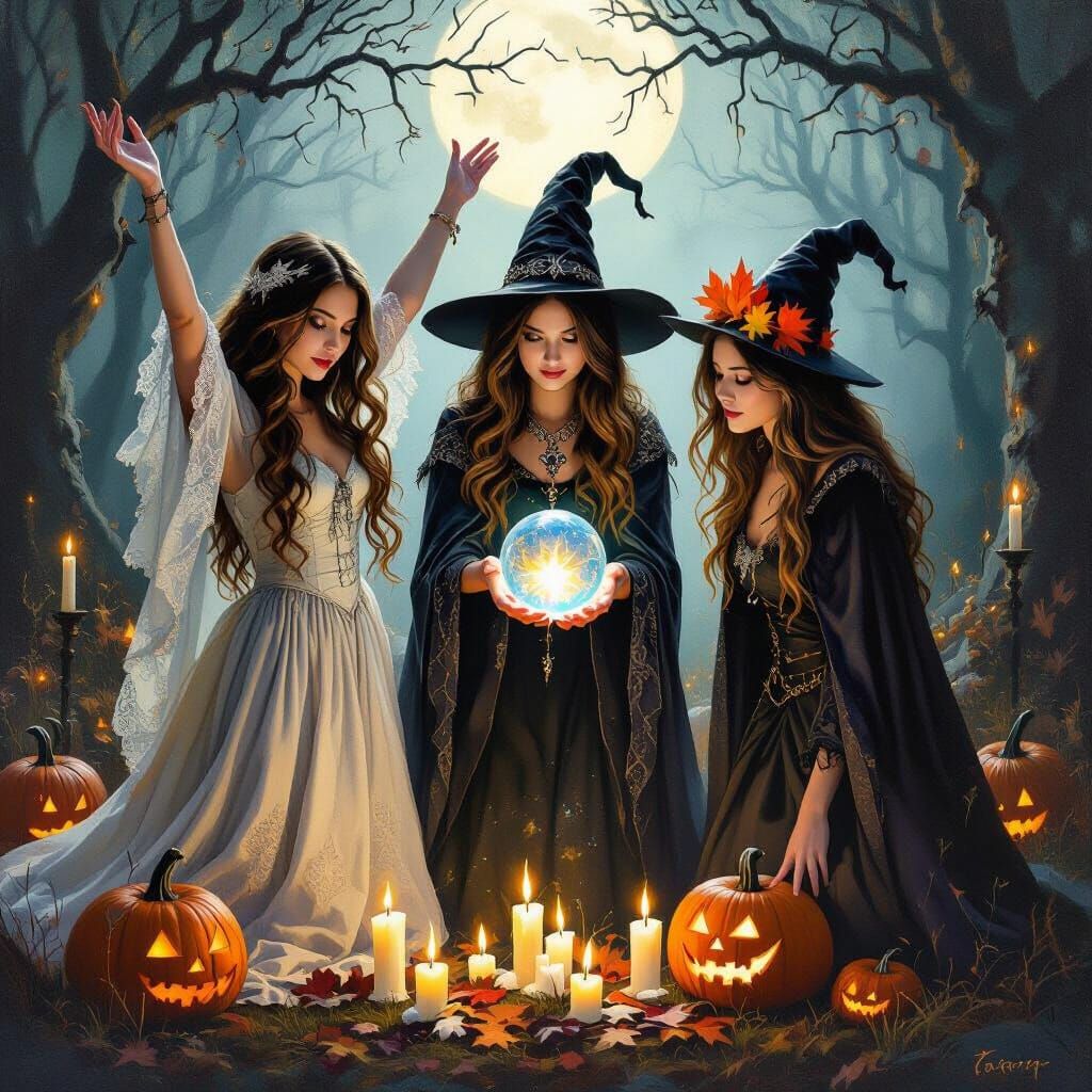Three Young Witches in Enchanted Forest