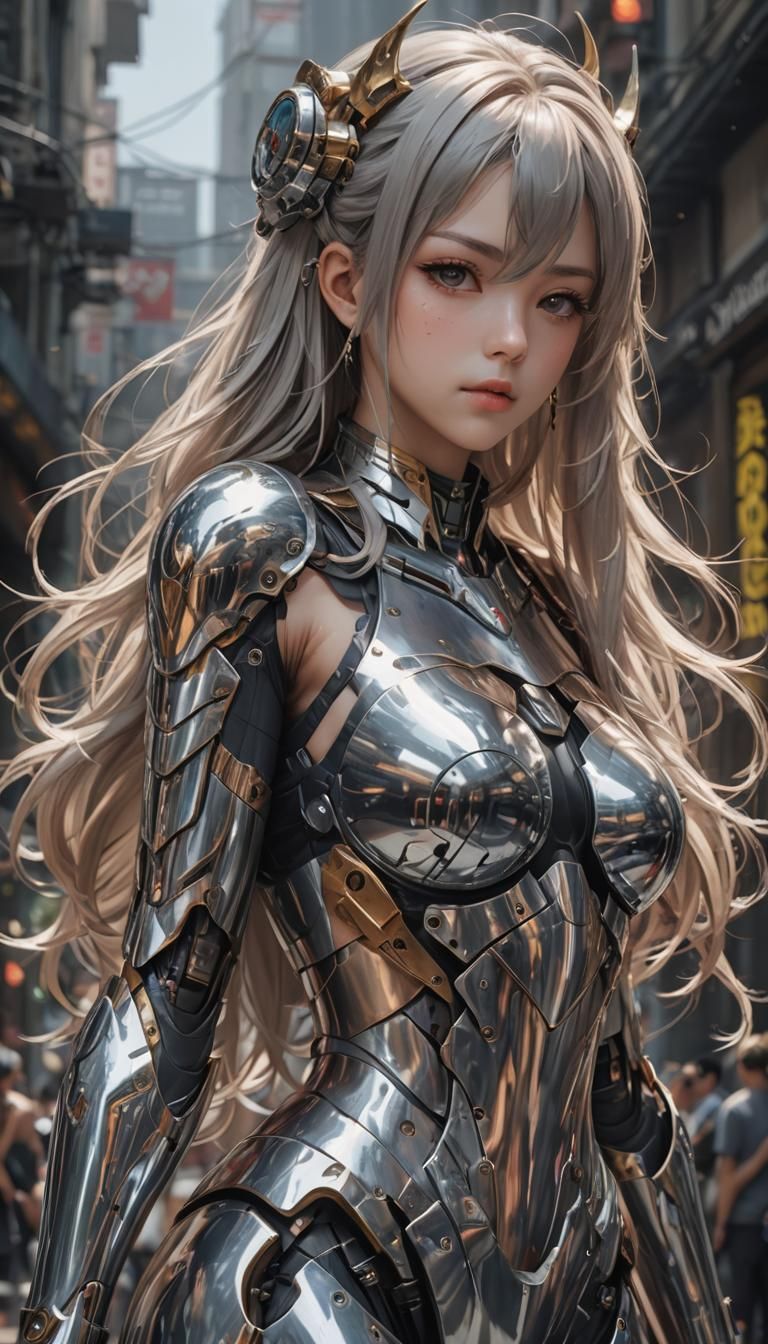 Chrome Bodysuit Woman in Sci-Fi Maze, Anime Art
