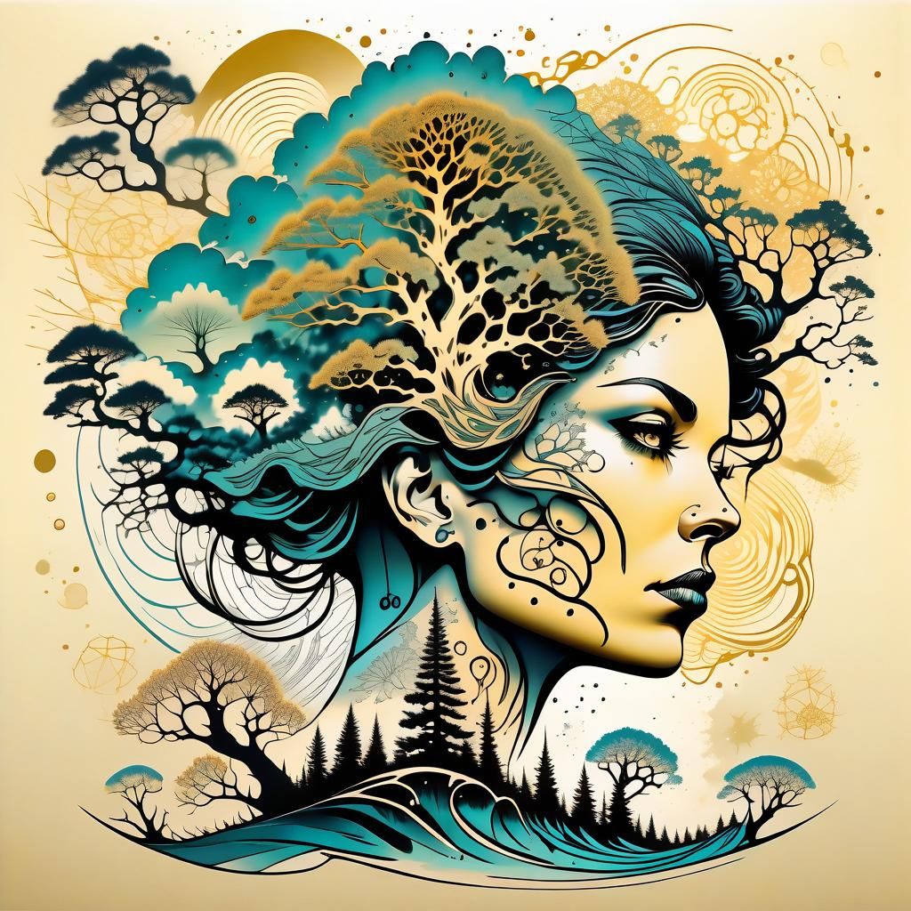Tattooed Woman with Sequoia Branches in Surreal Comic Art