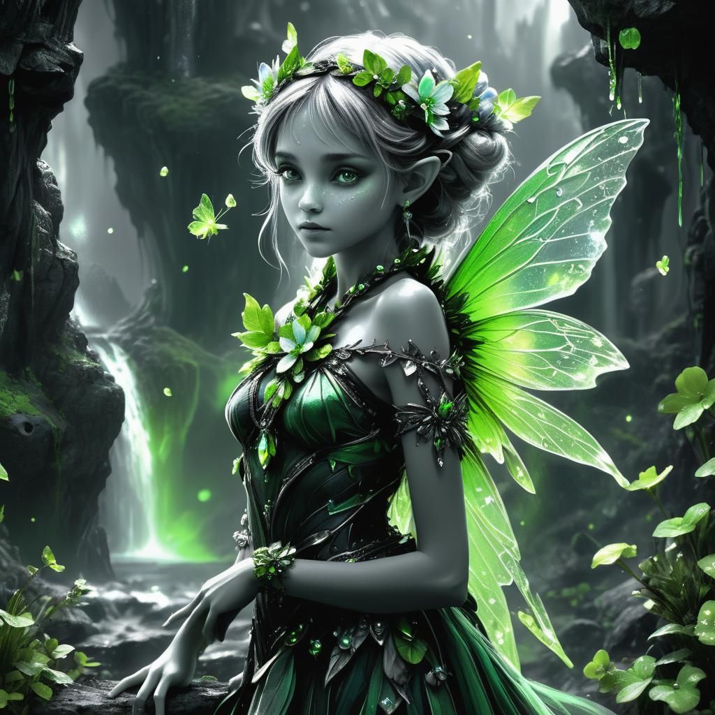 Green Petalite Fairy in Black and White Fantasy Art