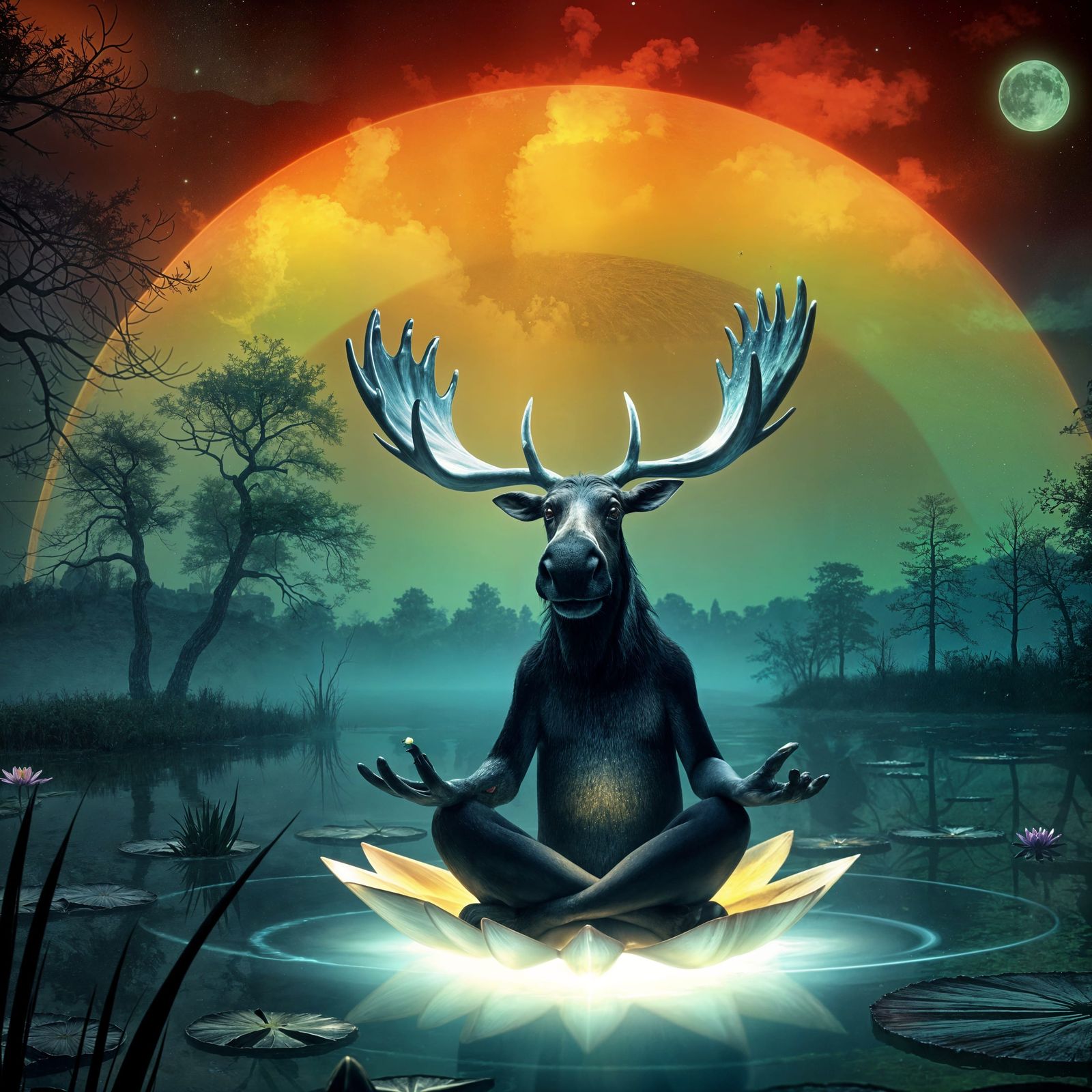 Bioluminescent Moose Meditates in Surreal Medieval Landscape