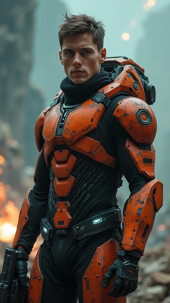 Gritty Sci-Fi Soldier Amidst Cosmic Ruin