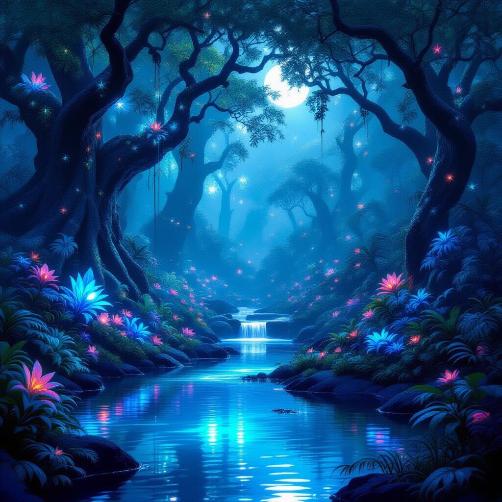 Bioluminescent Forest with Ancient Trees and Waterfall