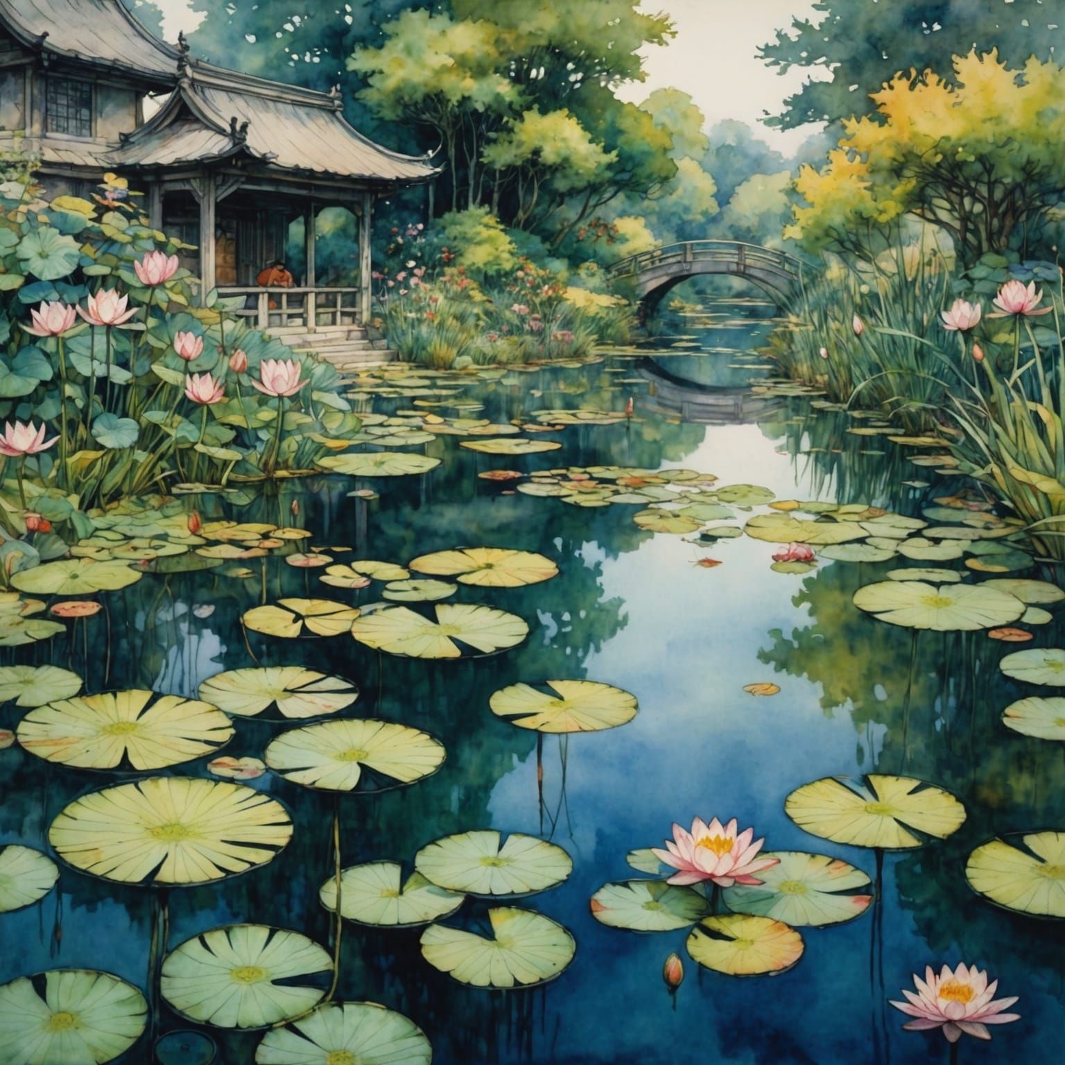 Watercolor Waterlilies Pond Inspired by Anime Art