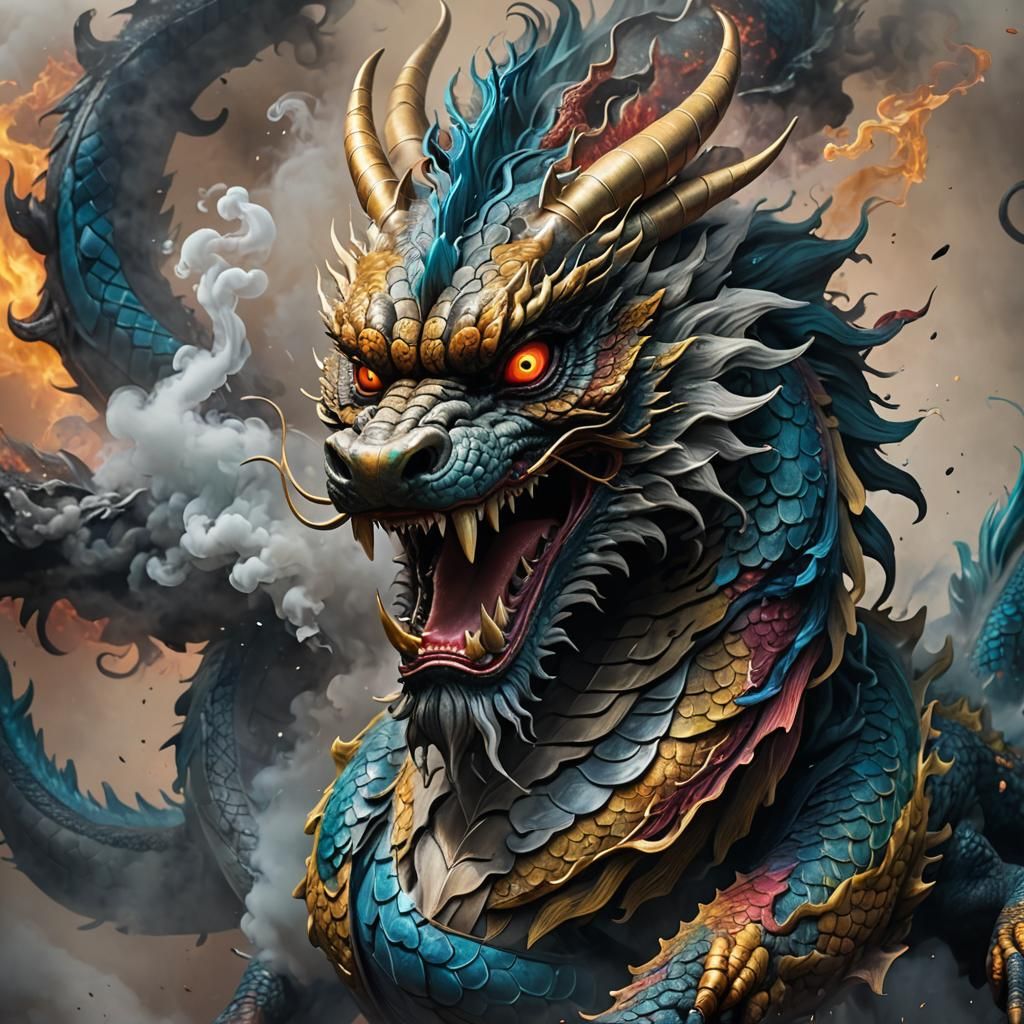 Smokey Chinese Dragon: Hyperrealistic Splash Art