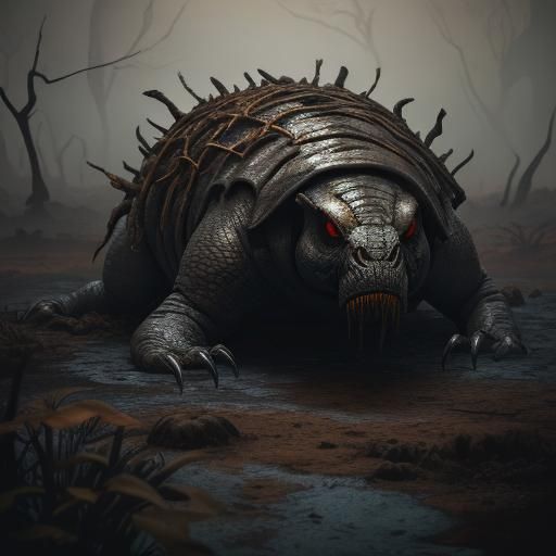 Ember-Eyed Soil Creature Crawling in Autumnal Landscape