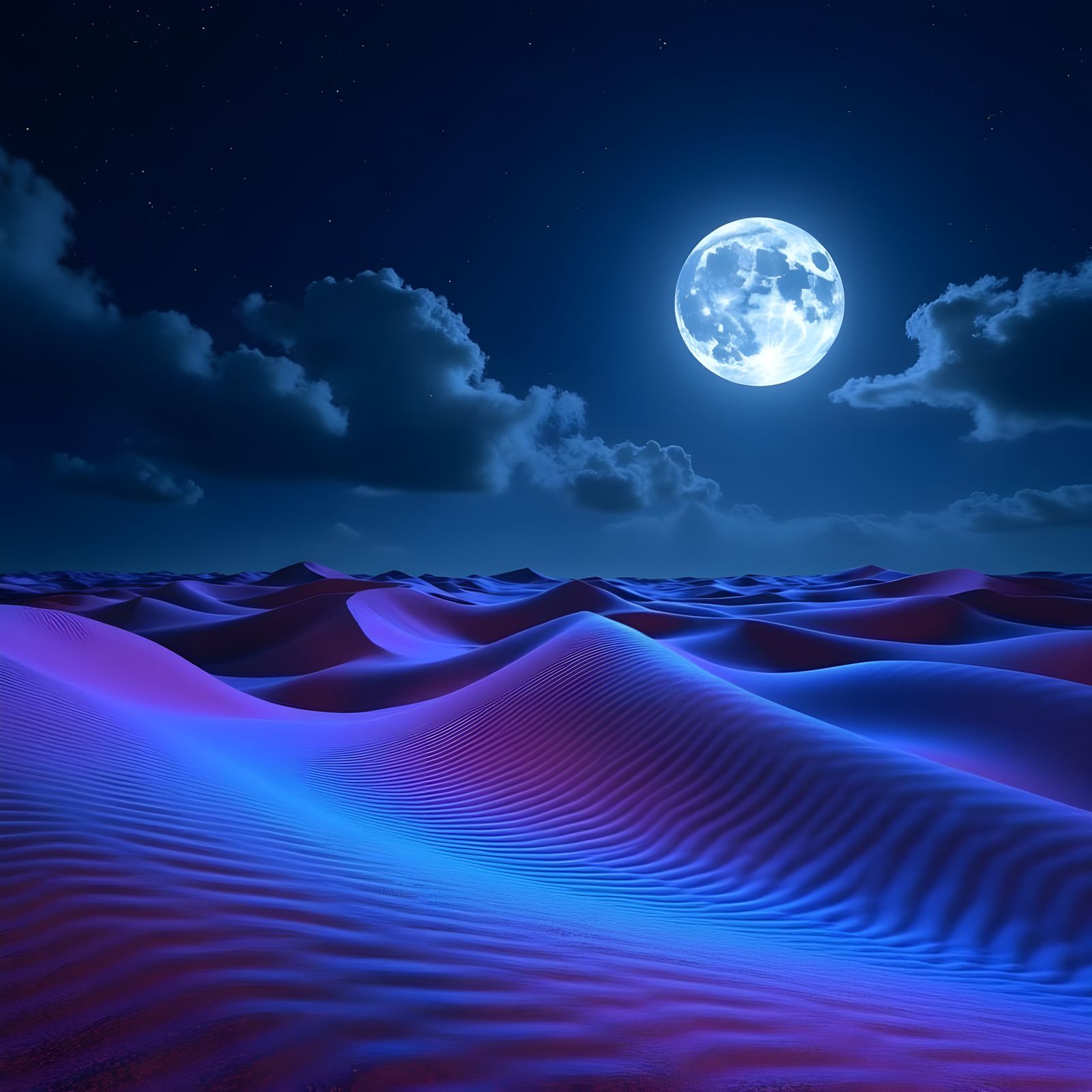 Vivid Desert Dunes Under Full Moonlight