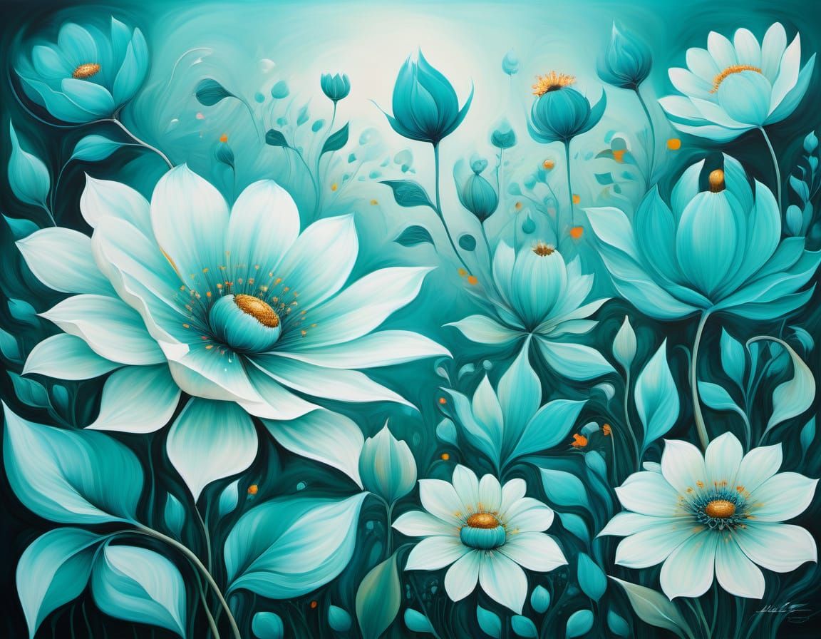 Giant Teal Flowers in Surrealist Painting Style