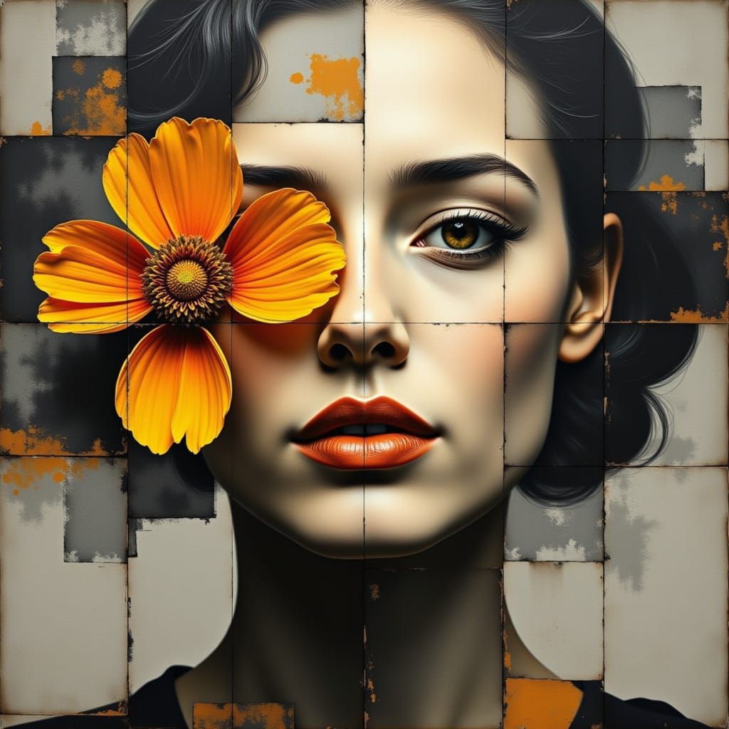 Mixed Media Portrait in the Style of Fragmented Face Panels