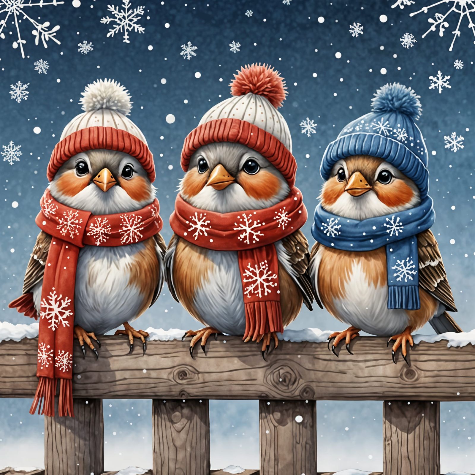 Birds in Winter Hats Clipart, Watercolor Style