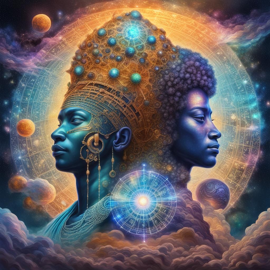 Afrofuturistic Deities Measure Heavens in Holographic Illust...