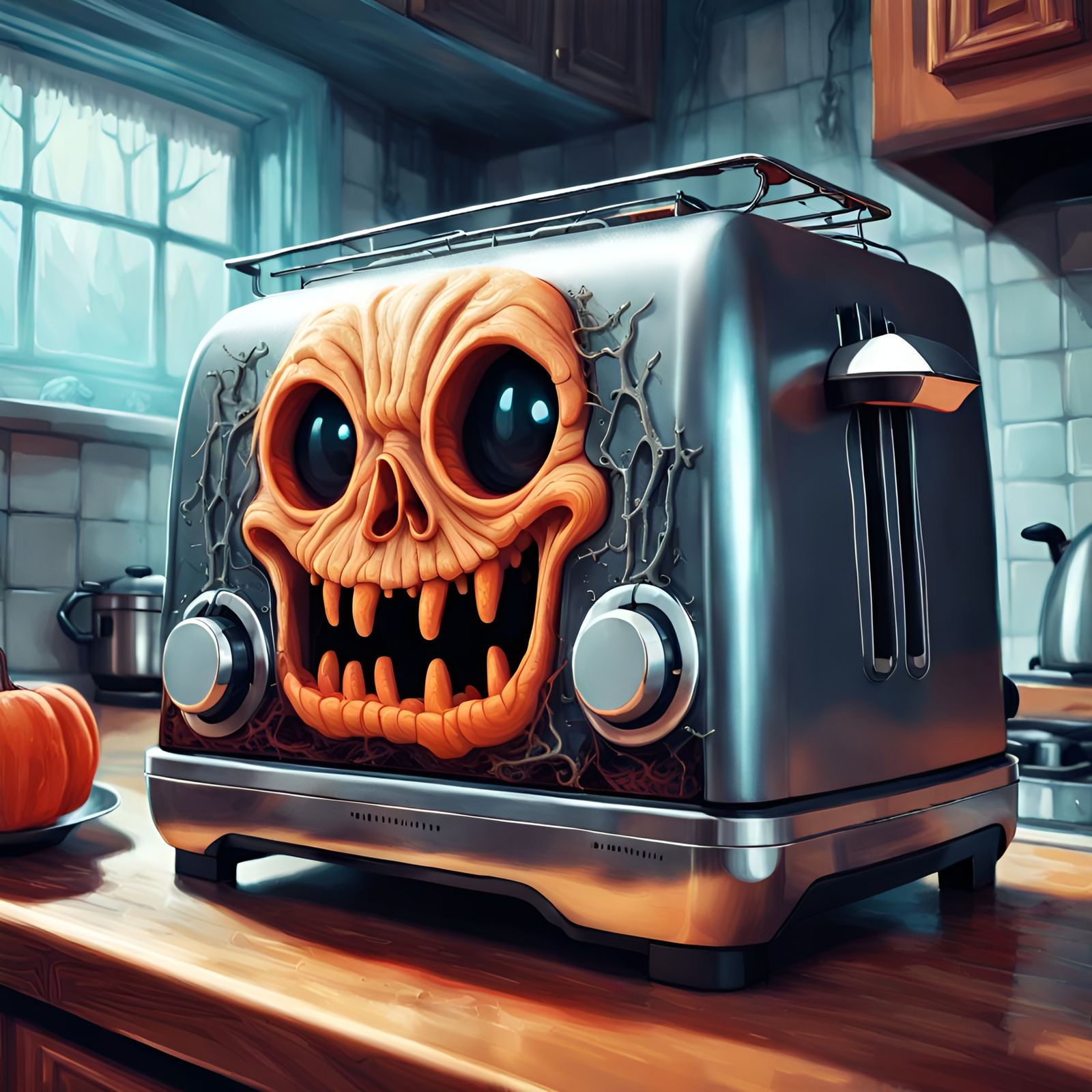 Surreal Spooky Toaster with Grumpy Expression