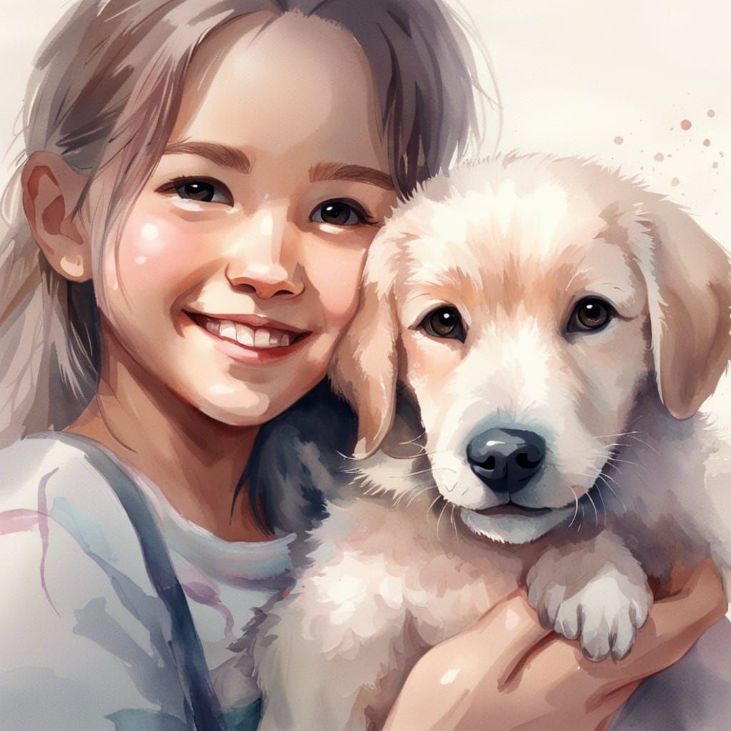 Watercolor Portrait: Girl with Puppy, Fantasy Concept Art