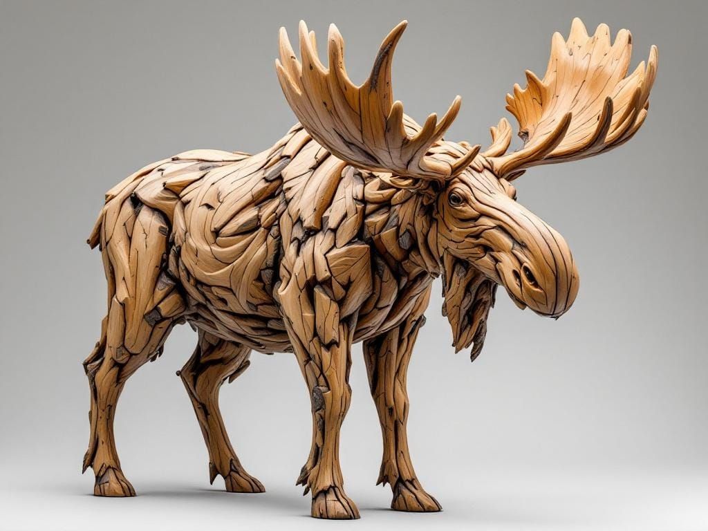 Detailed Wood Moose Carving in Rustic Style