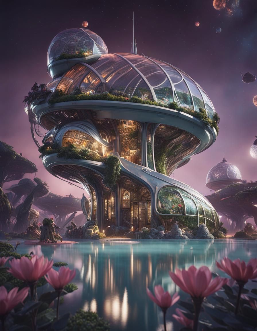 Biomorphic Solarpunk Greenhouse: Art Deco Sci-Fi Garden