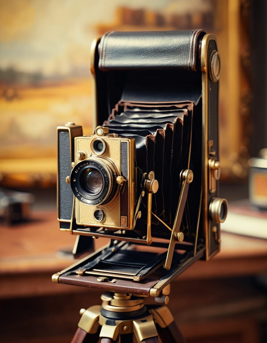 Vintage Camera Close-Up in Oil Painting Style