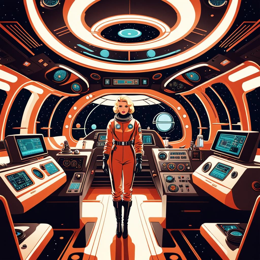 "In a 1950s-style, design a captivating spaceship interior, complete with dials, levers, and retro-futuristic aesthetics...